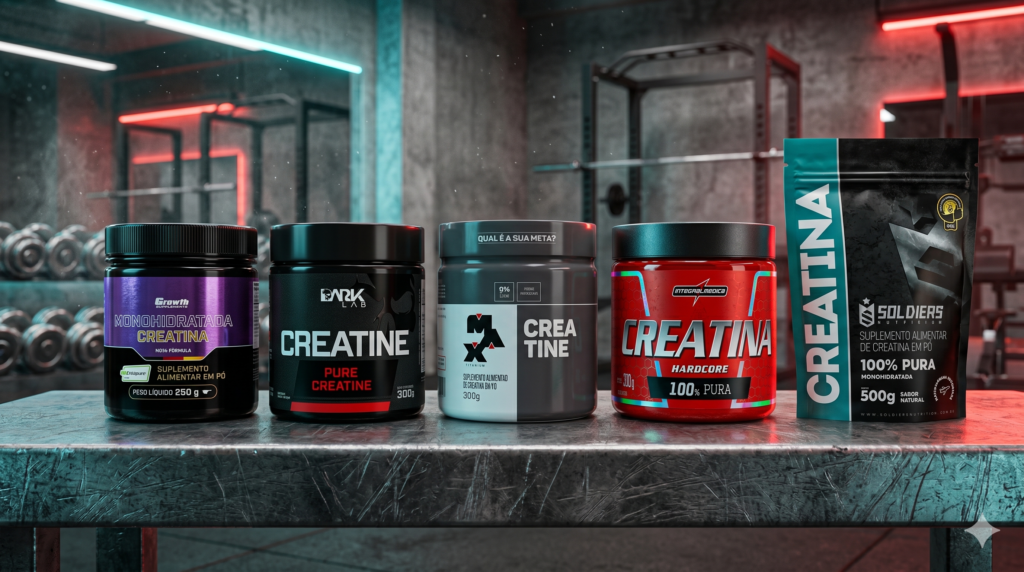 Fotografia das 5 melhores creatinas do Mercado Livre (Growth Creapure, Dark Lab, Max Titanium, Integralmedica Hardcore e Soldiers Nutrition) alinhadas em um banco de ferro de academia.