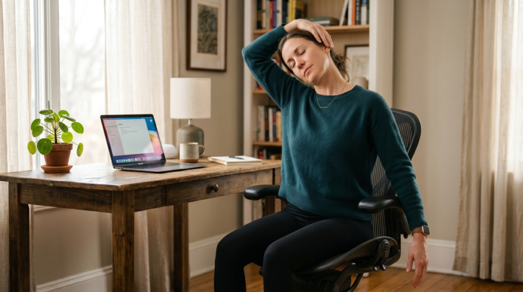 Pessoa sentada em home office realizando descompressão cervical, com a mão direita puxando a cabeça em direção ao ombro direito e o braço esquerdo estendido para o chão