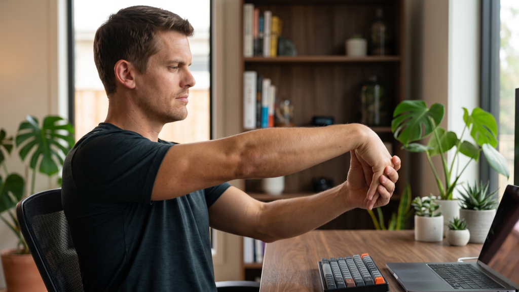 Homem sentado em cadeira ergonômica em home office com o braço direito estendido à frente, realizando alongamento de flexão de punho com auxílio da mão esquerda puxando os dedos em direção ao corpo