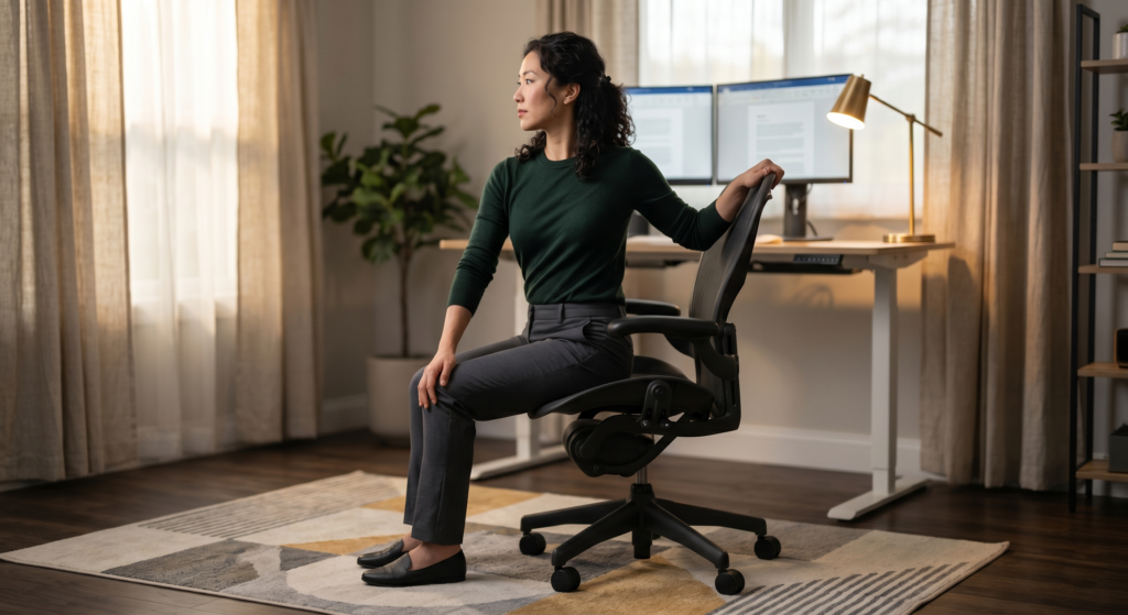 Pessoa sentada em cadeira de escritório em home office realizando rotação do tronco para a esquerda, com a mão direita no joelho esquerdo e a mão esquerda no encosto da cadeira, olhando por cima do ombro