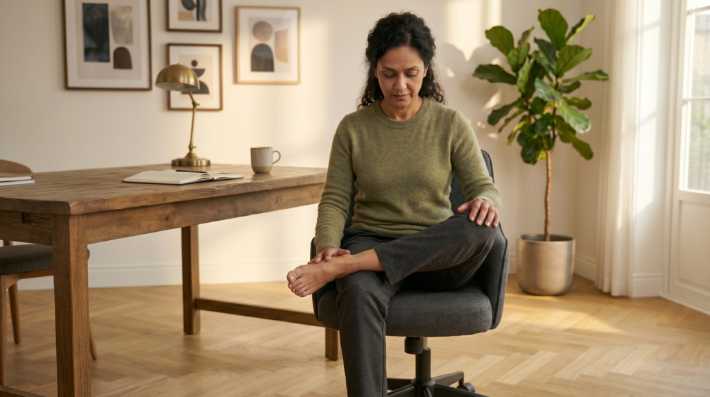 Pessoa sentada em cadeira de home office com a perna direita cruzada sobre a esquerda formando o número 4, inclinando o tronco reto para frente a partir do quadril para alongar o glúteo e o músculo piriforme
