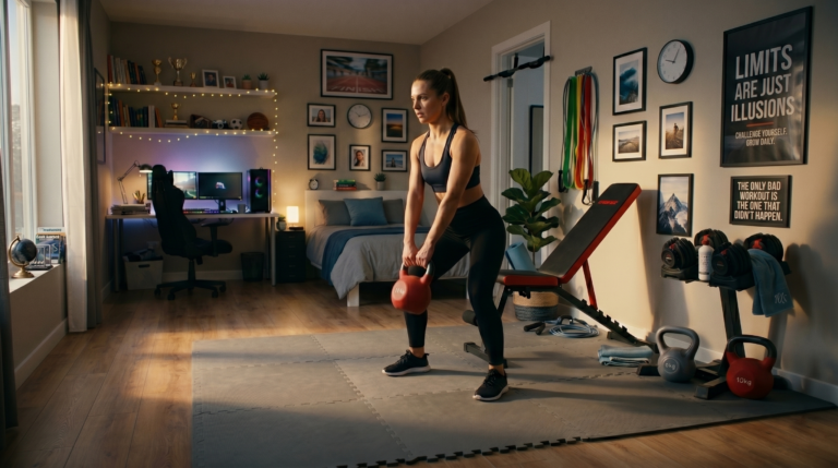 Mulher treinando com kettlebell em um quarto adaptado como academia em casa, com piso de EVA, banco regulável e halteres ao fundo.