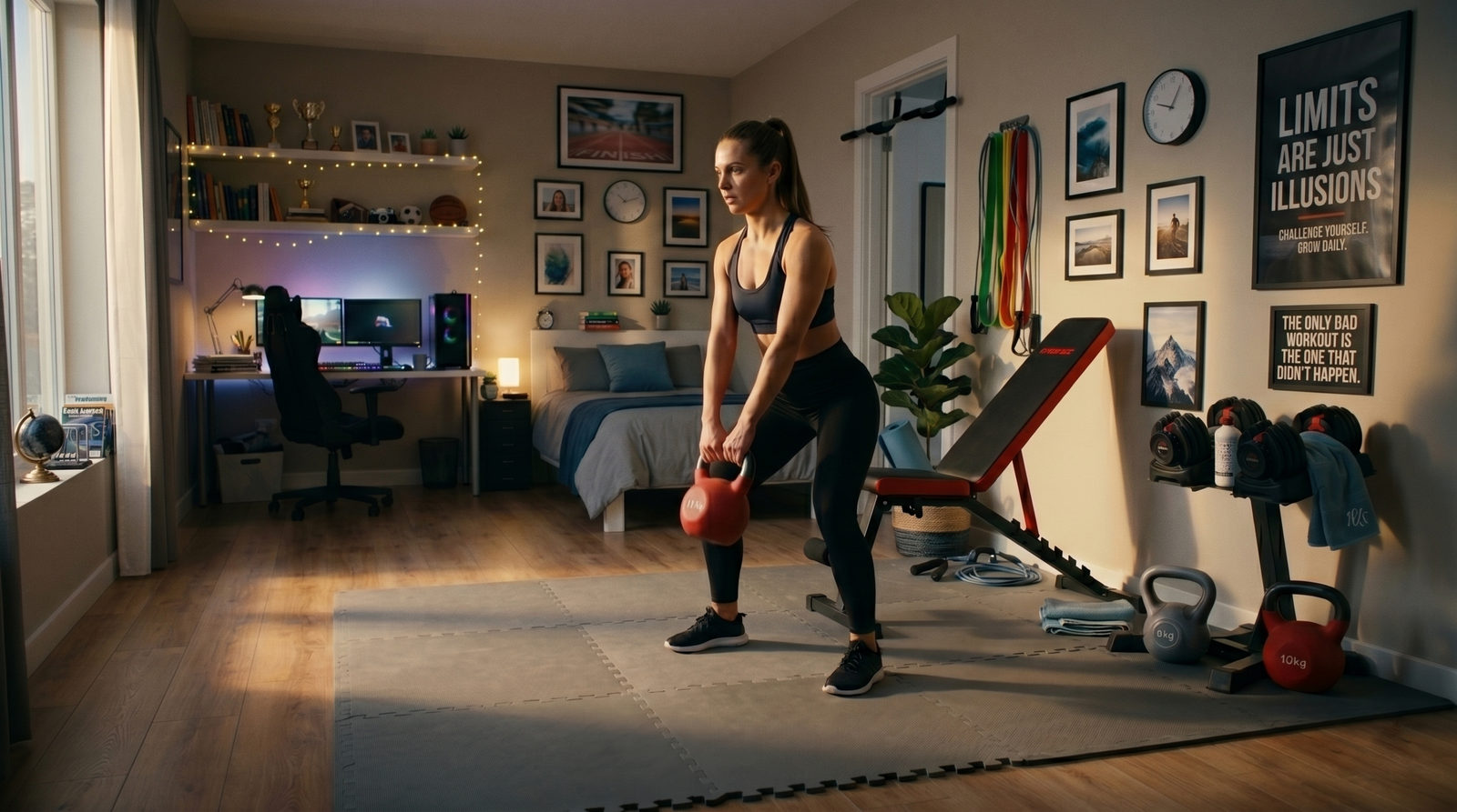 Mulher treinando com kettlebell em um quarto adaptado como academia em casa, com piso de EVA, banco regulável e halteres ao fundo.