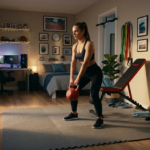 Mulher treinando com kettlebell em um quarto adaptado como academia em casa, com piso de EVA, banco regulável e halteres ao fundo.