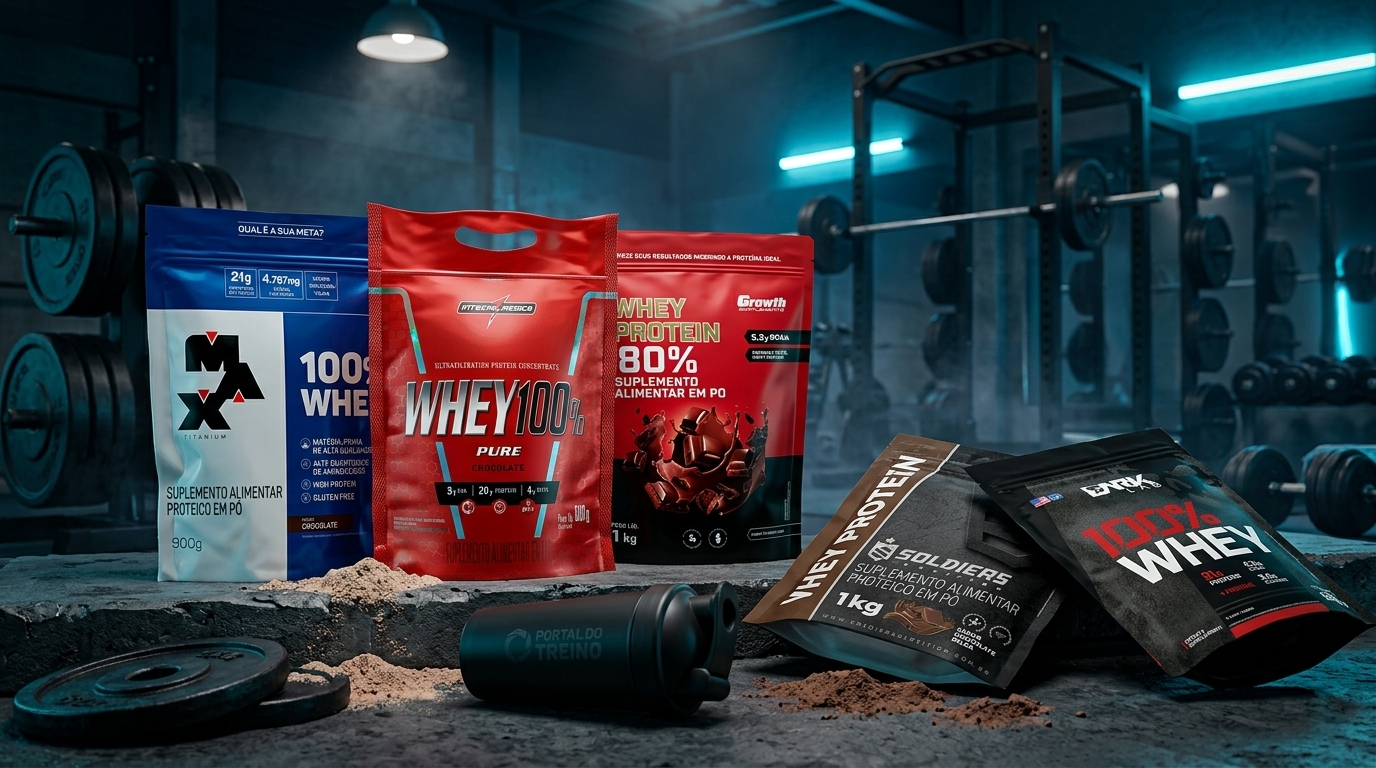 Embalagens de Whey Protein em refil das marcas Max Titanium, Integralmedica, Growth, Dark Lab e Soldiers Nutrition em um cenário de academia.