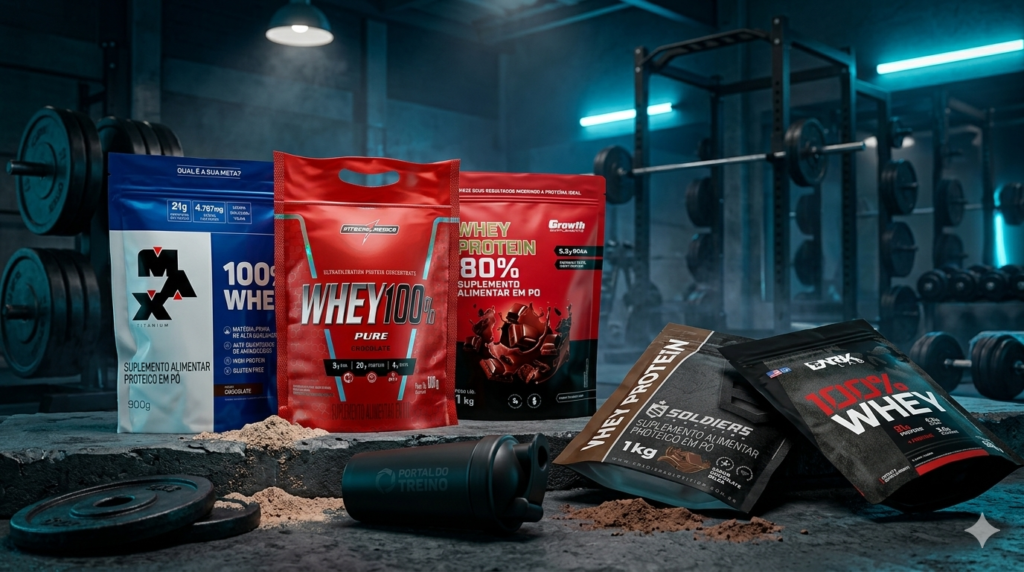 Embalagens de Whey Protein em refil das marcas Max Titanium, Integralmedica, Growth, Dark Lab e Soldiers Nutrition em um cenário de academia.