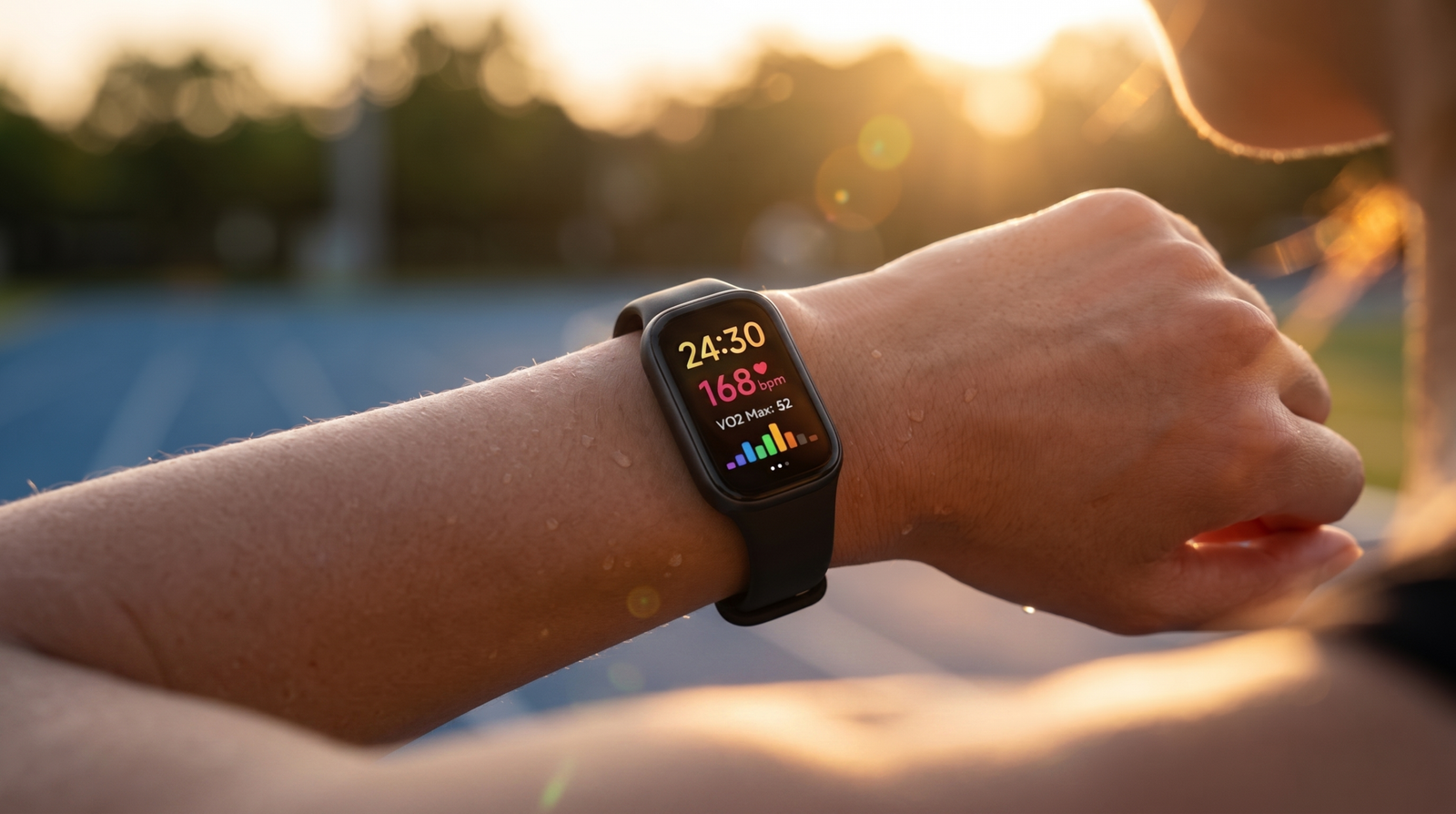 Close-up da Xiaomi Smart Band 9 no pulso de uma atleta durante o treino, destacando a tela AMOLED brilhante e o acabamento em metal.