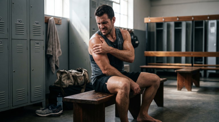 Pessoa massageando o ombro sentindo dor muscular tardia após um treino intenso.