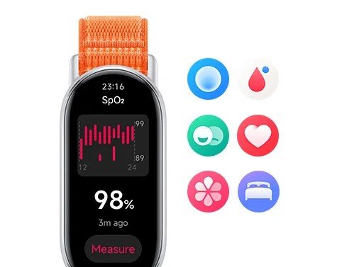 Tela da Xiaomi Smart Band 9 medindo a saturação de oxigênio (SpO2) em 98%, ao lado de ícones coloridos de monitoramento de saúde.
