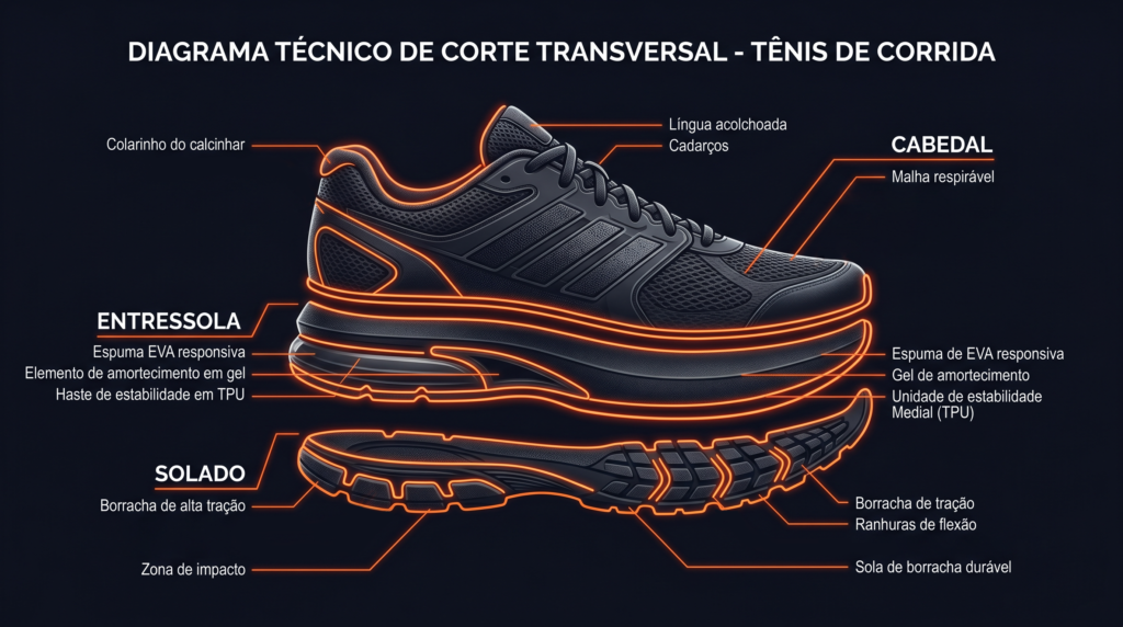 Diagrama mostrando as camadas de um tênis de corrida: cabedal, entressola e solado