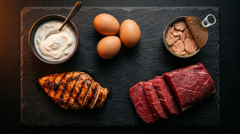 Flat lay com ovos, peito de frango, lata de atum, corte magro de carne e pote de iogurte grego sobre superfície escura com iluminação laranja-âmbar dramática