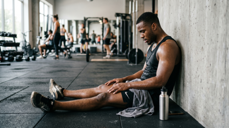 Atleta sentado no chão da academia demonstrando sinais de burnout esportivo e exaustão mental