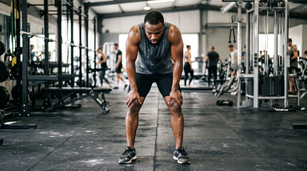 Atleta demonstrando sinais físicos de fadiga mental crônica associada ao burnout esportivo