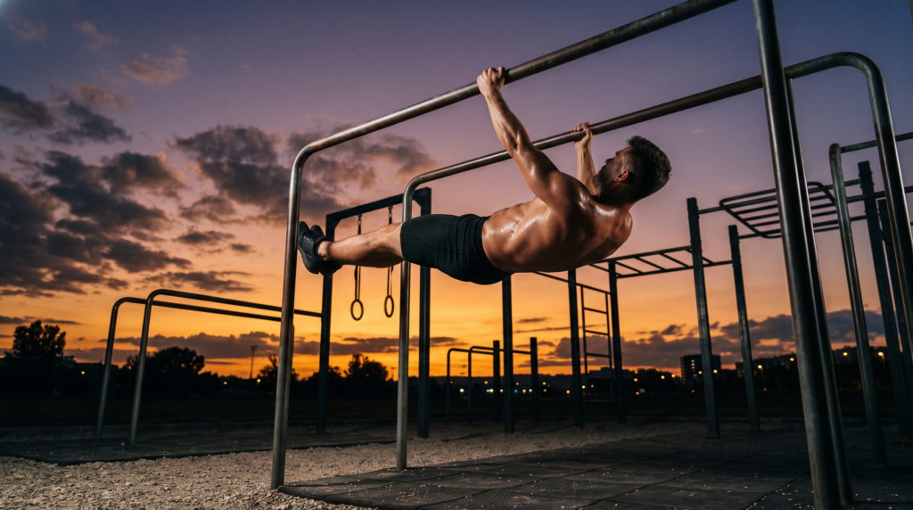 Atleta executando front lever em barra de calistenia em parque urbano ao entardecer