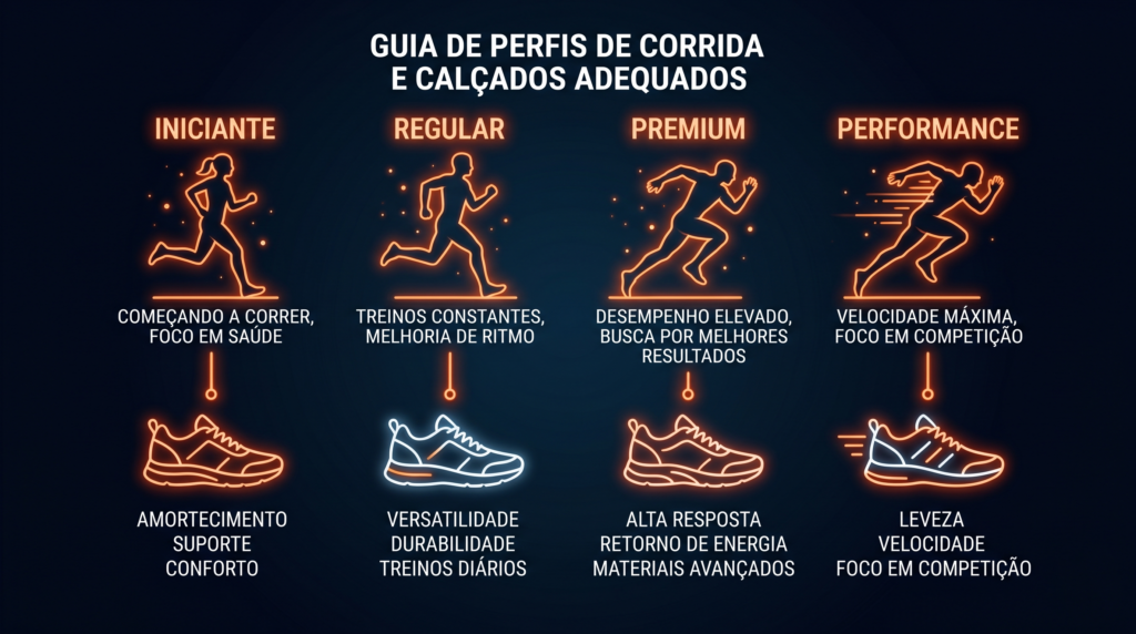 Silhuetas de corredores em diferentes perfis com indicação de tênis ideal para cada um