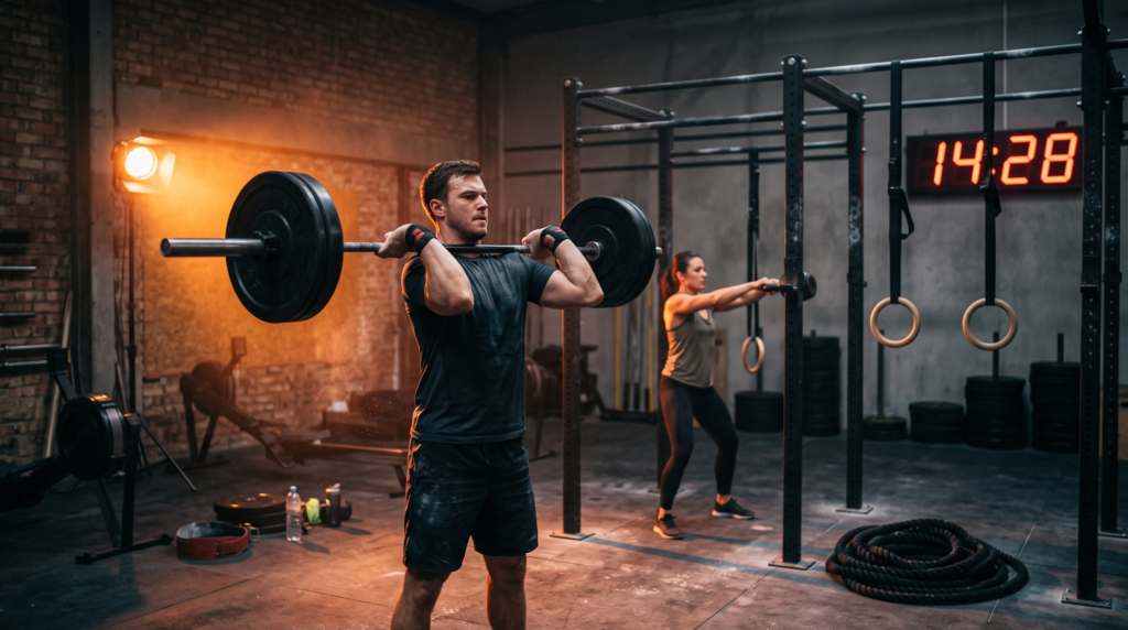 Atletas treinando um WOD de CrossFit em um box, com barra olímpica e argolas