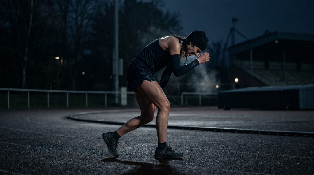 Atleta sob alto esforço físico em ambiente de treino intenso, representando o custo fisiológico do diálogo interno negativo