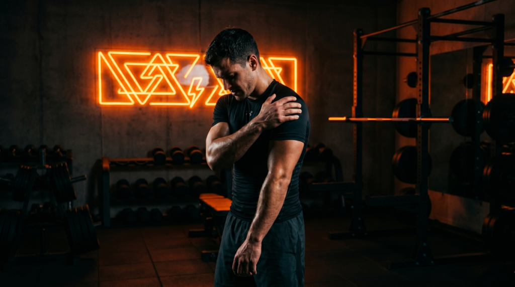 Atleta segurando o ombro com dor durante treino em academia