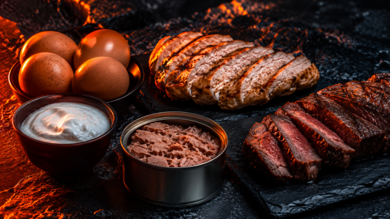 Seleção de alimentos proteicos para musculação: ovos, peito de frango, atum, carne vermelha e iogurte grego sobre fundo escuro com iluminação laranja