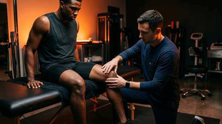 Fisioterapeuta examinando joelho de praticante de musculação em ambiente clínico
