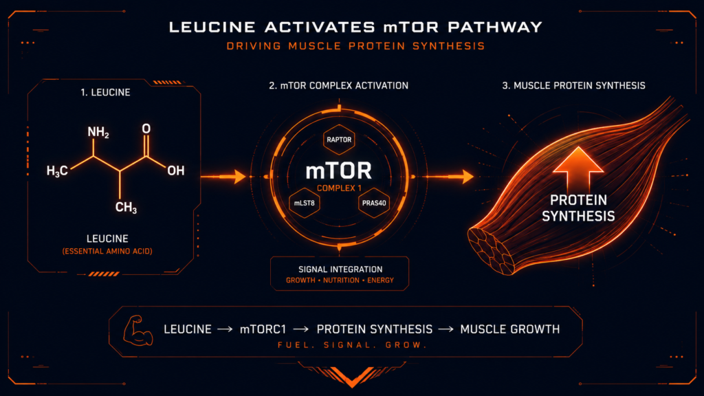 Diagrama da via mTOR mostrando a sequência leucina → ativação do mTORC1 → síntese proteica muscular
