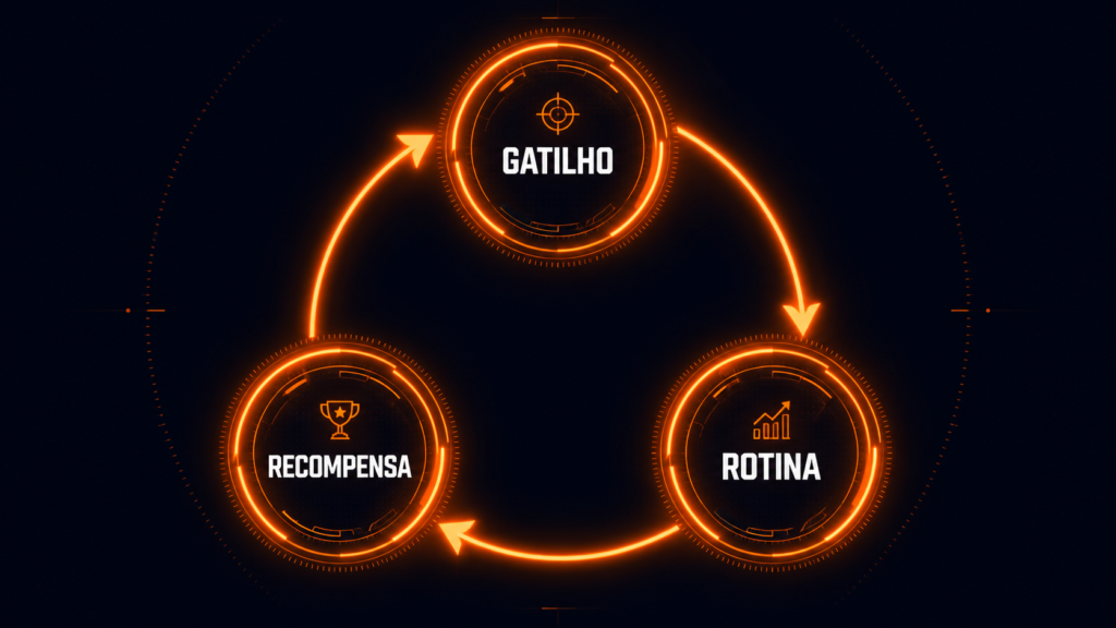 Diagrama circular do loop do hábito com três etapas: Gatilho,
Rotina e Recompensa, no estilo visual do Portal do Treino