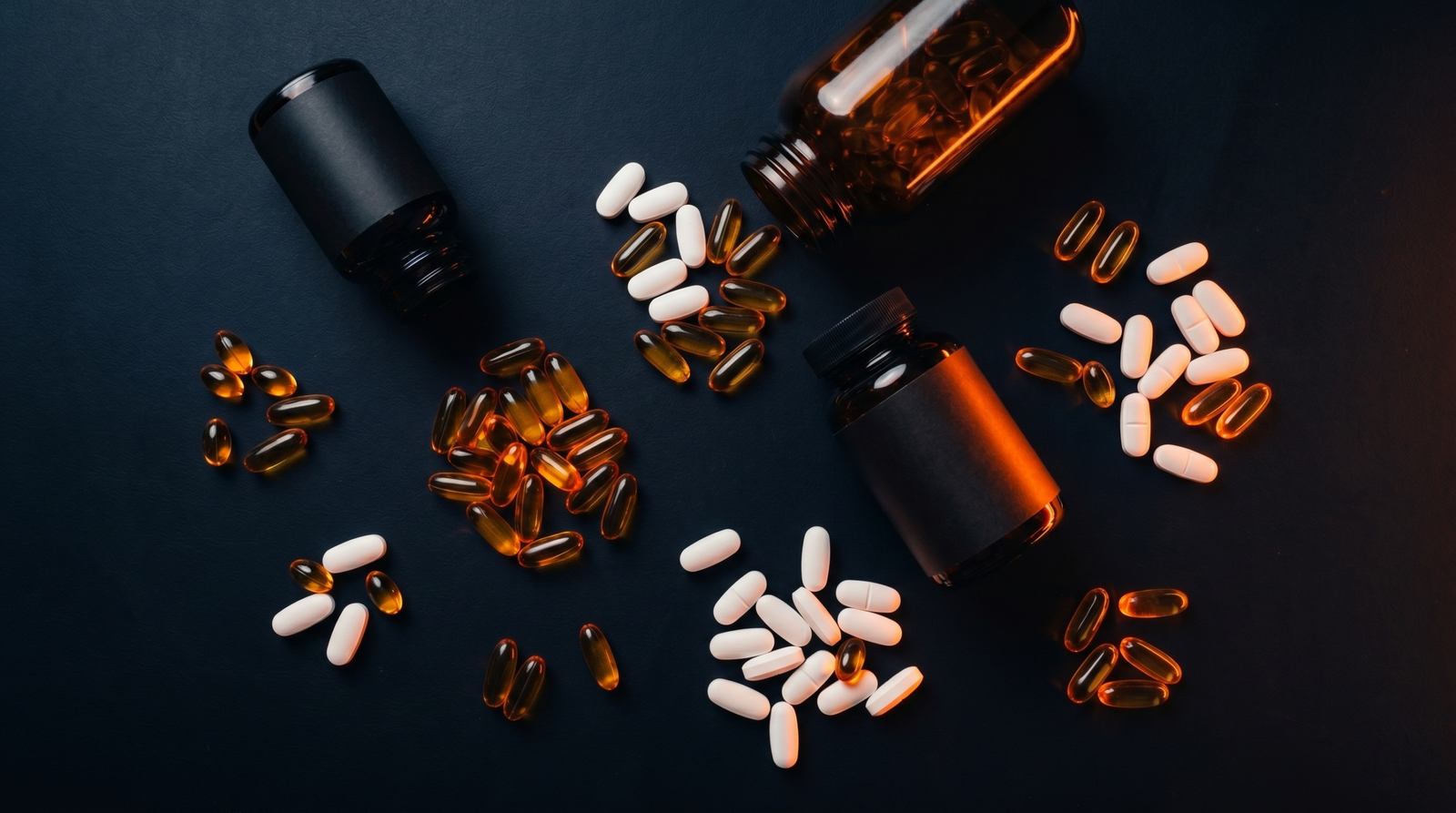 Frascos de multivitamínicos e cápsulas sobre fundo escuro com iluminação laranja neon