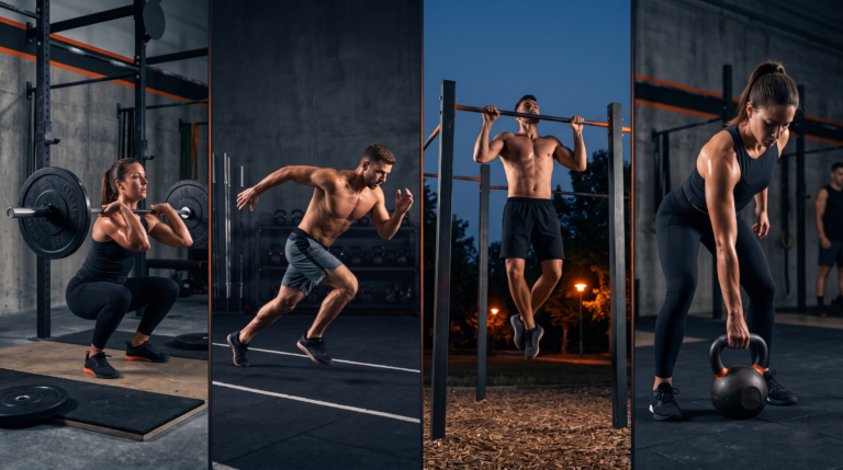 Comparativo visual entre quatro metodologias de treino funcional: CrossFit, HIIT, calistenia e kettlebell training